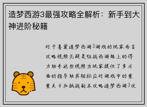 造梦西游3最强攻略全解析：新手到大神进阶秘籍